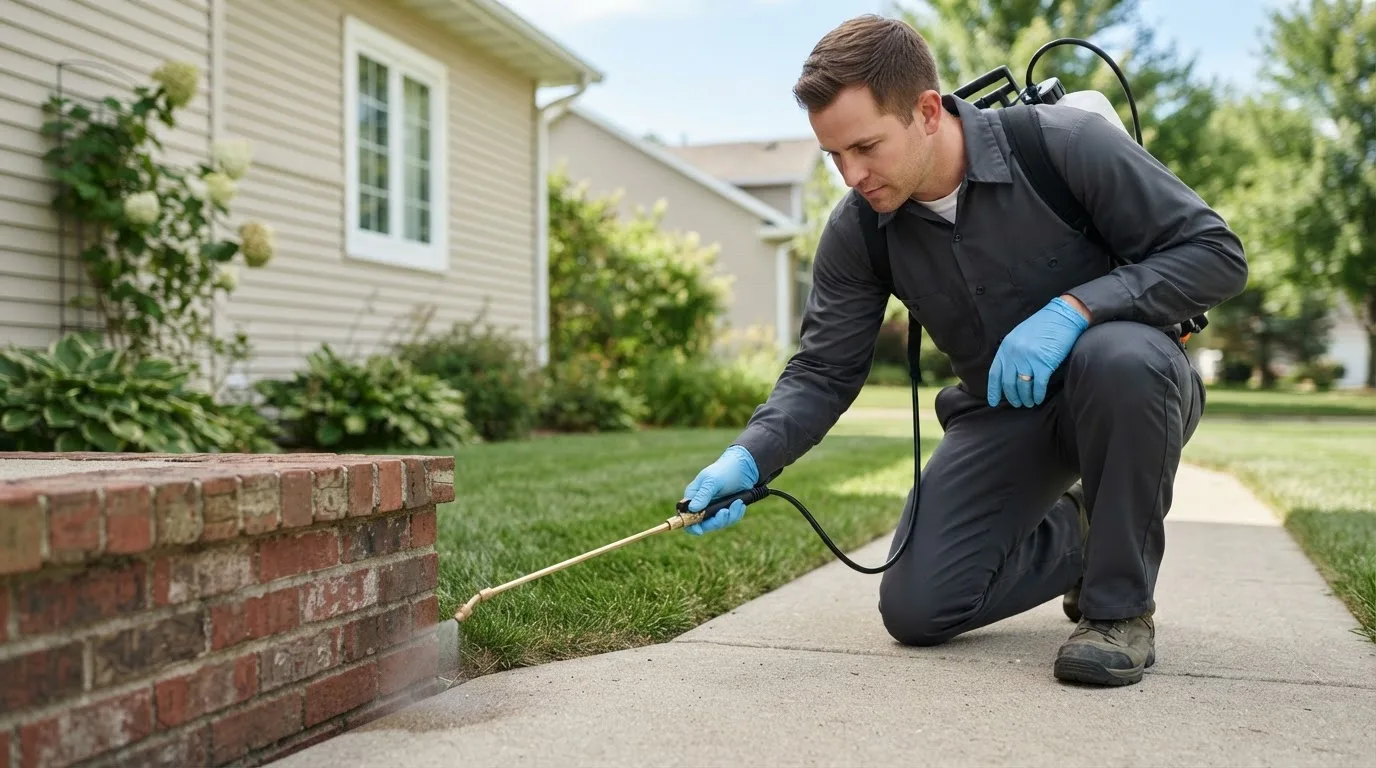 Pest control technician treating a home near Glenwood, IN