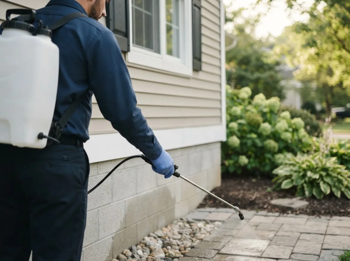 Pest control technician inspecting a home in Glenwood, IN